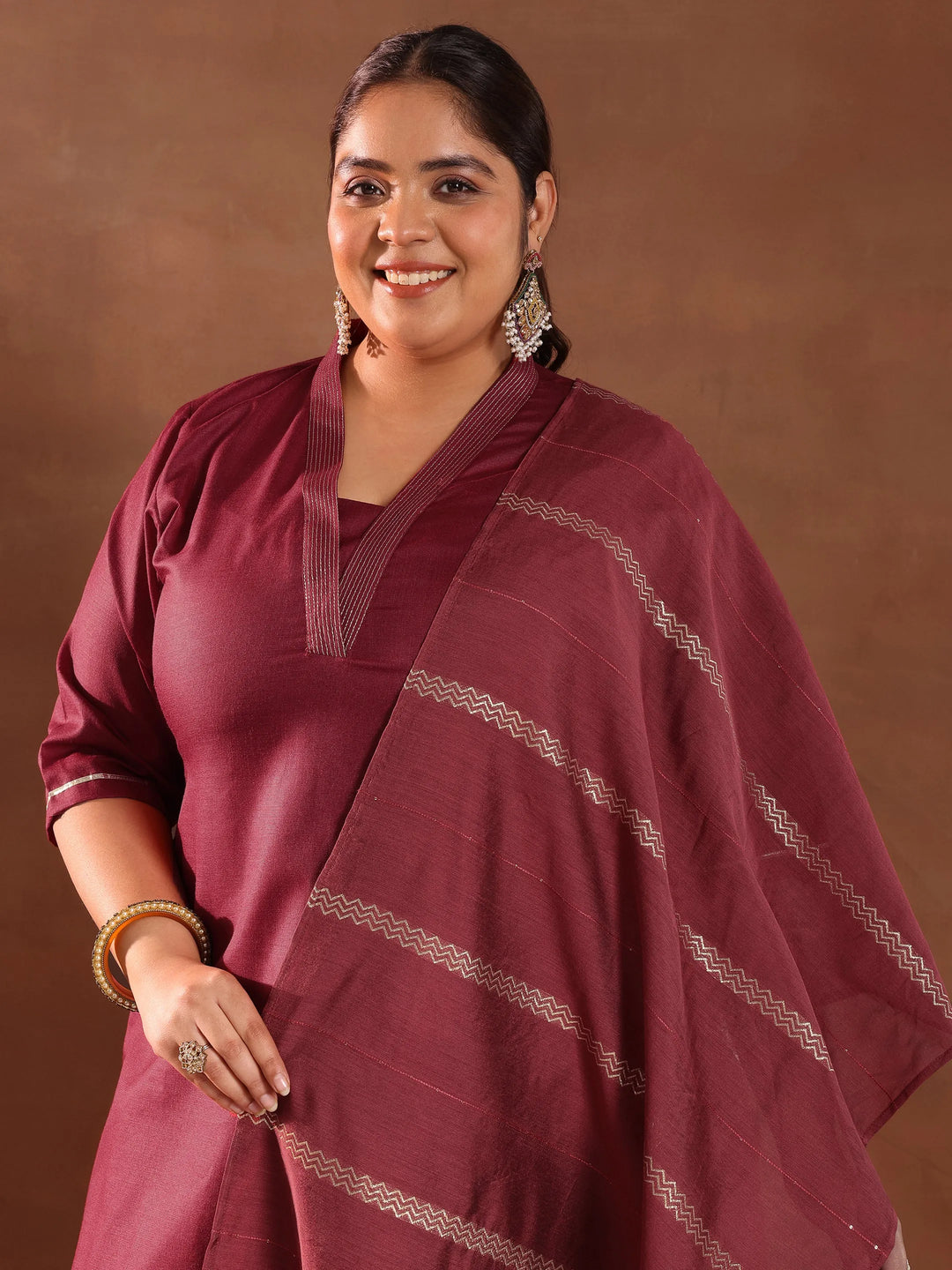  Plus Size Maroon Solid Cotton Blend Straight Suit With Dupatta 