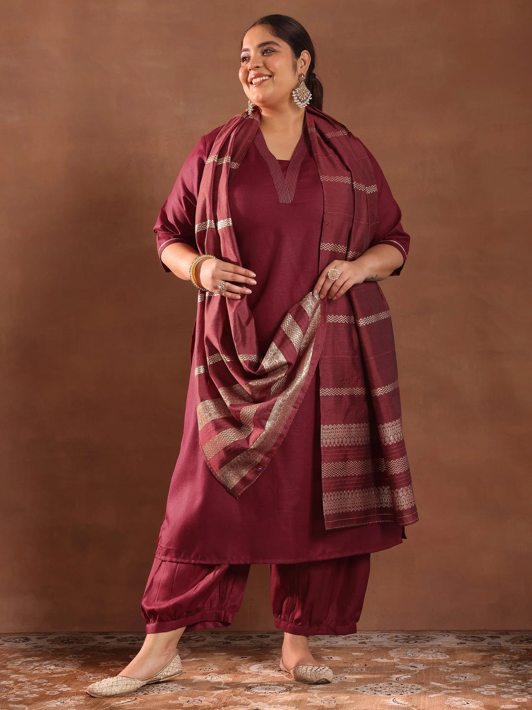  Plus Size Maroon Solid Cotton Blend Straight Suit With Dupatta 