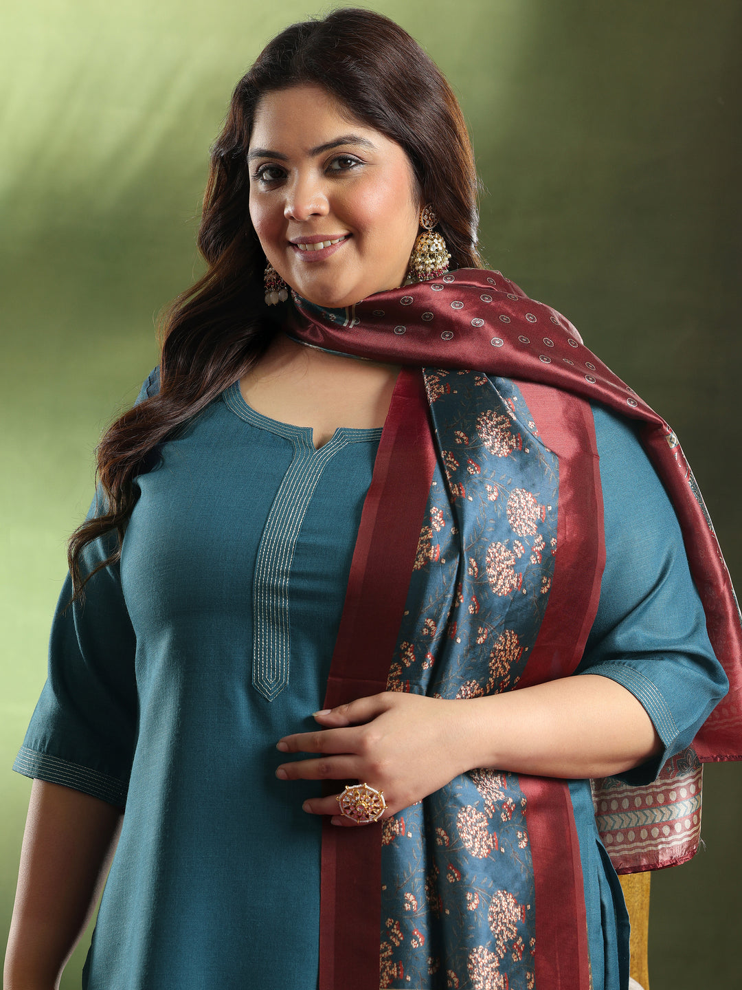 Plus Size Teal Solid Cotton Blend Straight Suit With Dupatta