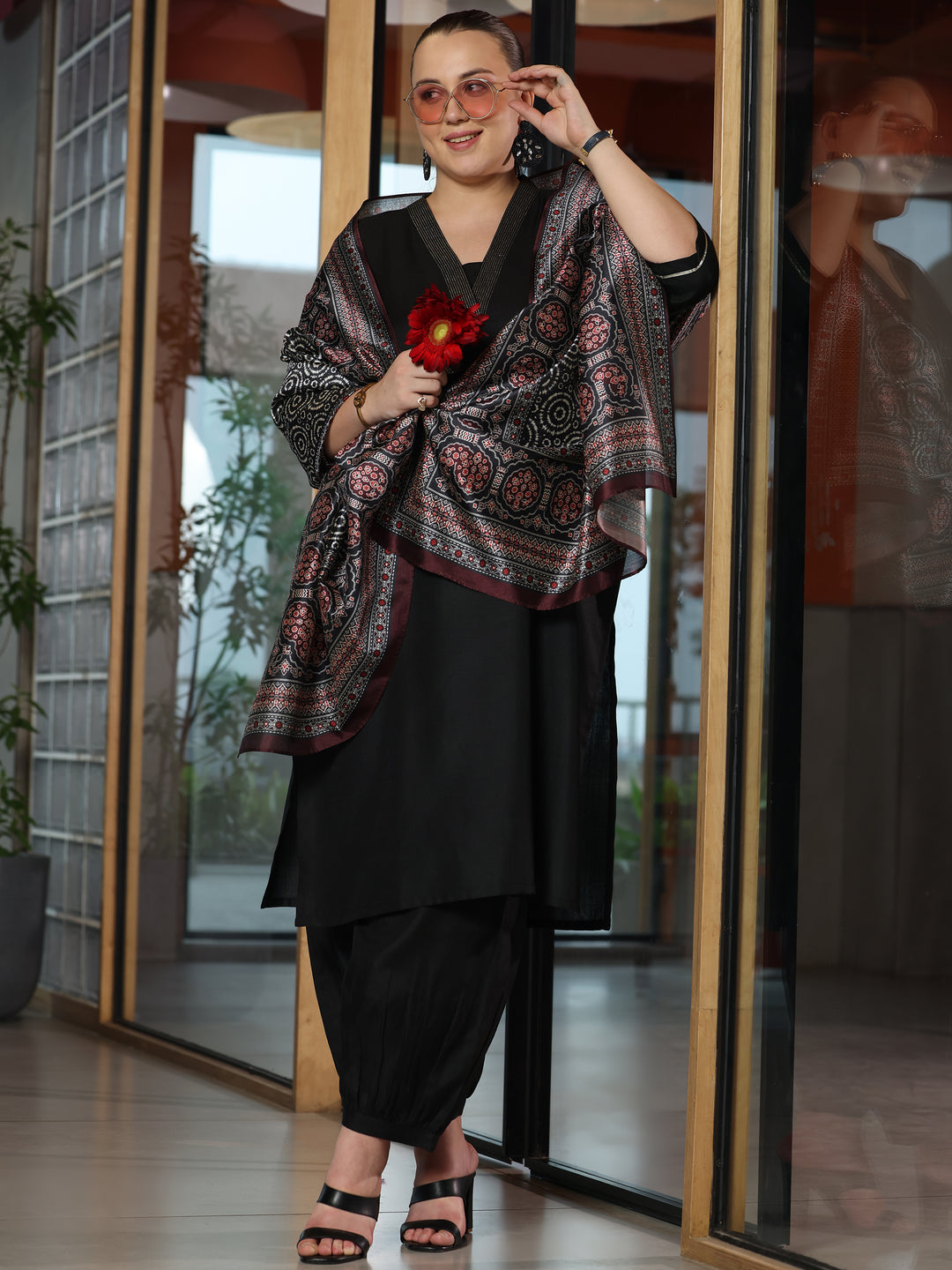 Plus Size Black Solid Cotton Blend Straight Suit With Dupatta