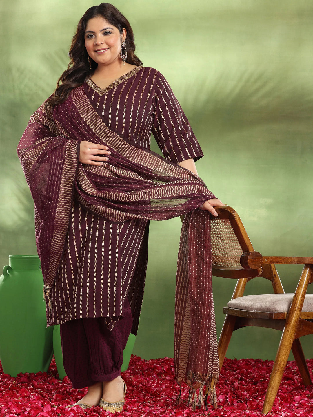 Plus Size Maroon Woven Design Cotton Blend Straight Suit With Dupatta