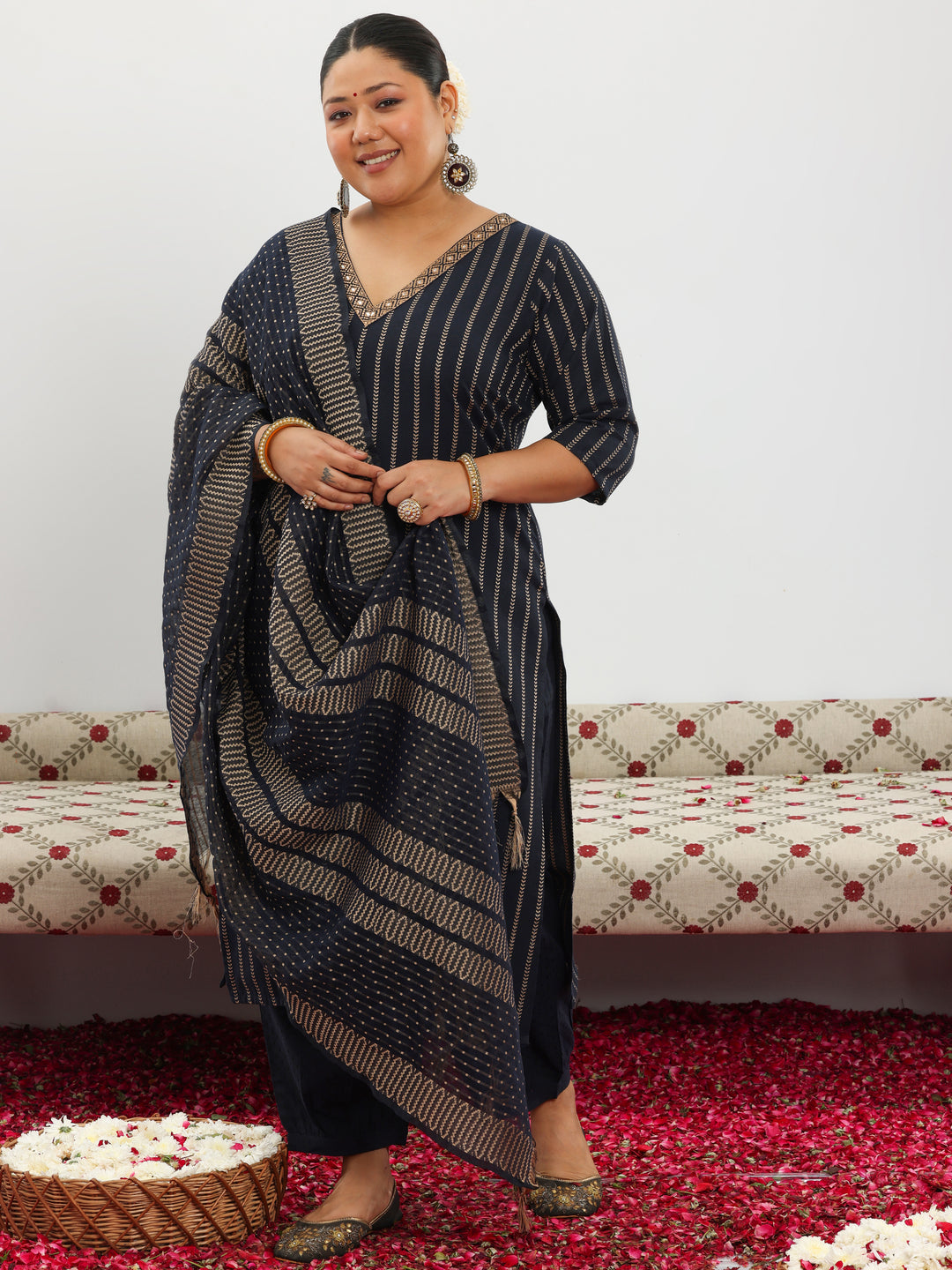 Plus Size Black Woven Design Cotton Blend Straight Suit With Dupatta