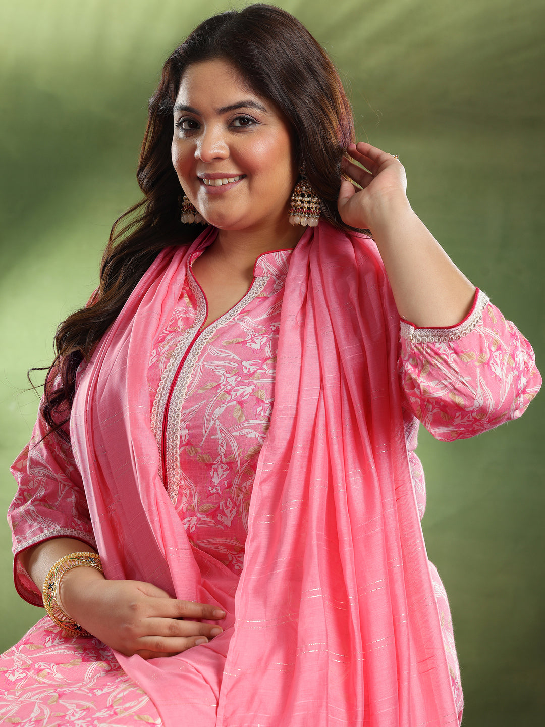 Plus Size Pink Printed Cotton Blend Straight Suit With Dupatta