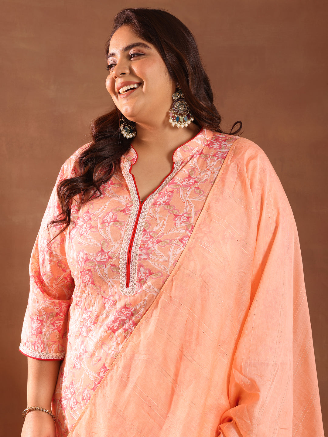  Plus Size Orange Printed Cotton Blend Straight Suit With Dupatta 