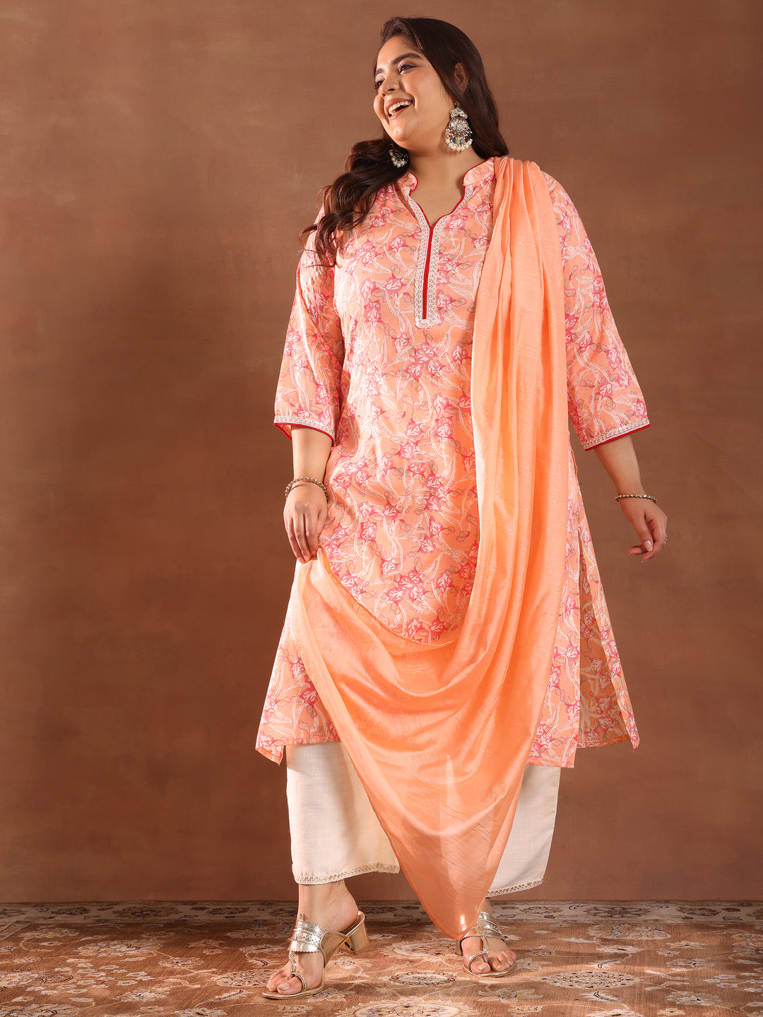  Plus Size Orange Printed Cotton Blend Straight Suit With Dupatta 