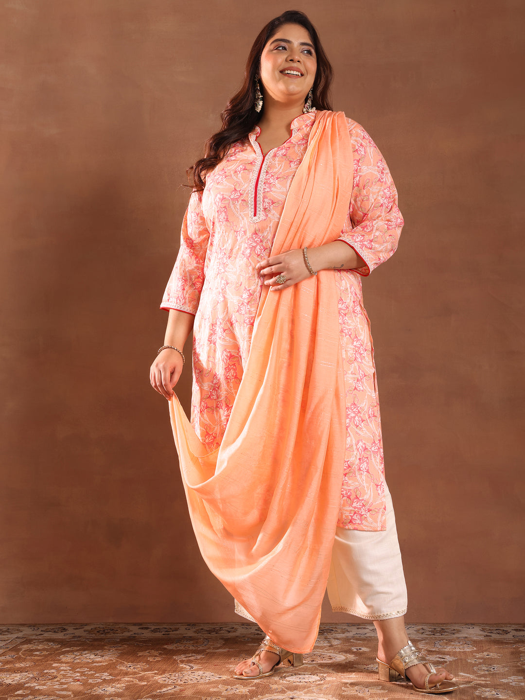  Plus Size Orange Printed Cotton Blend Straight Suit With Dupatta 