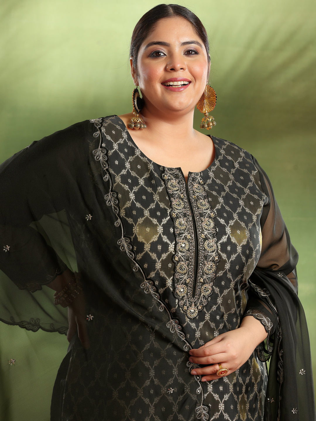 Plus Size Black Woven Design Organza Straight Suit With Dupatta