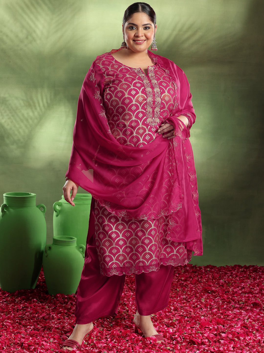 Plus Size Pink Woven Design Organza Straight Suit With Dupatta