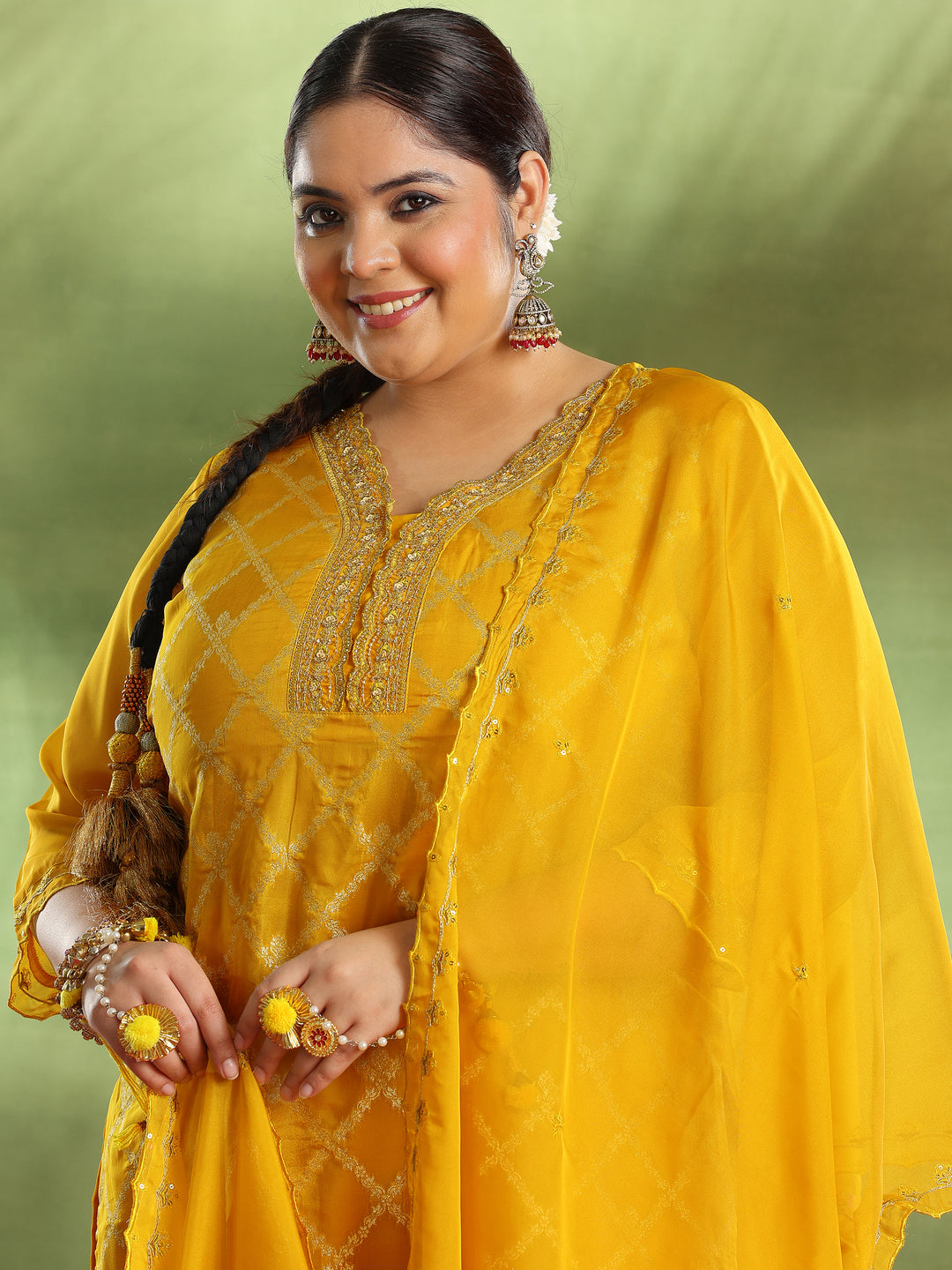  Plus Size Yellow Woven Design Organza Straight Suit With Dupatta 