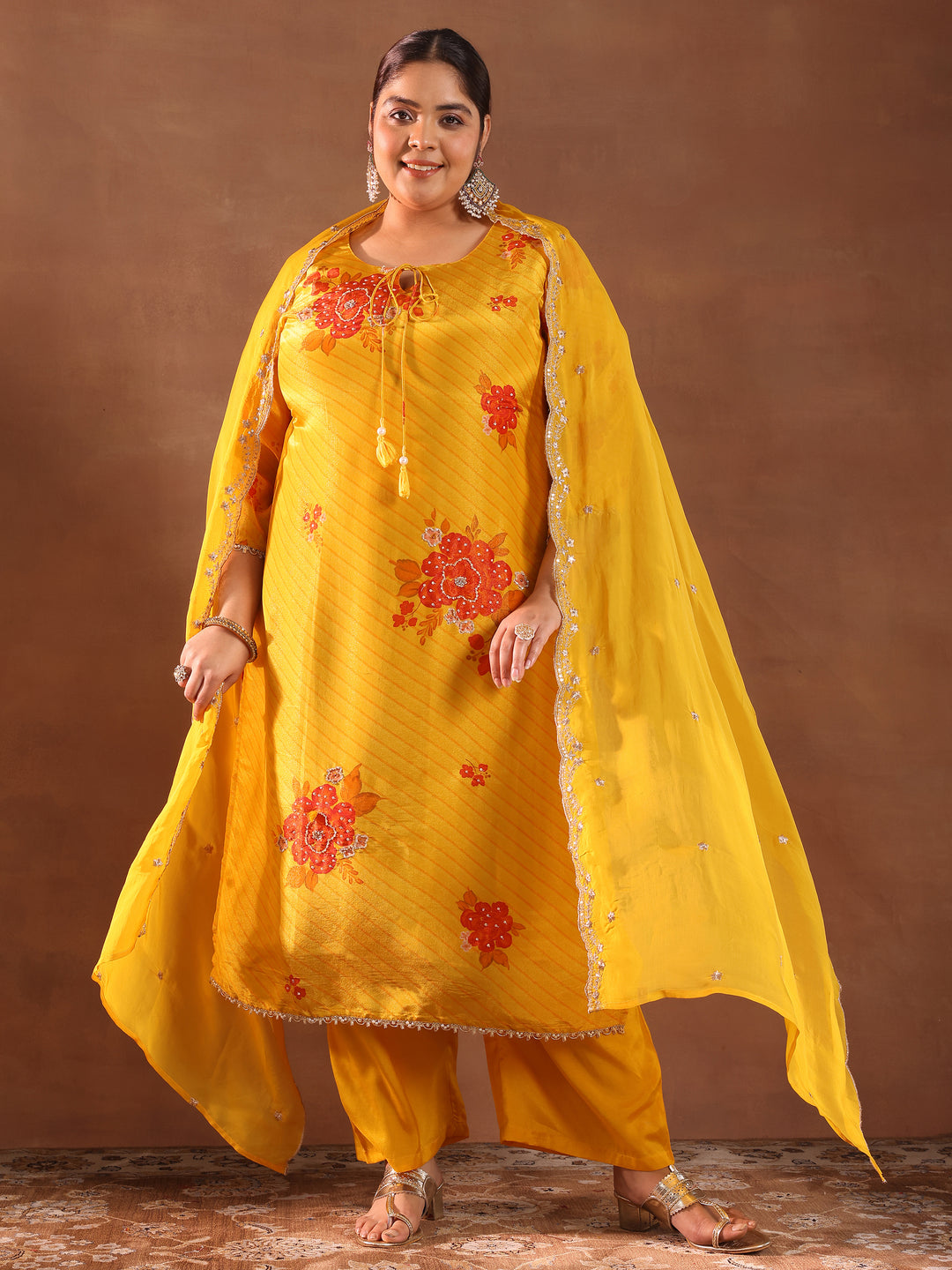 Plus Size Mustard Printed Silk Blend Straight Suit With Dupatta