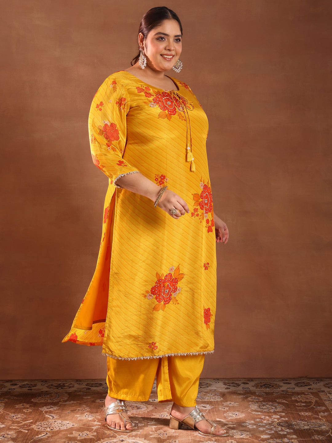  Plus Size Mustard Printed Silk Blend Straight Suit With Dupatta 