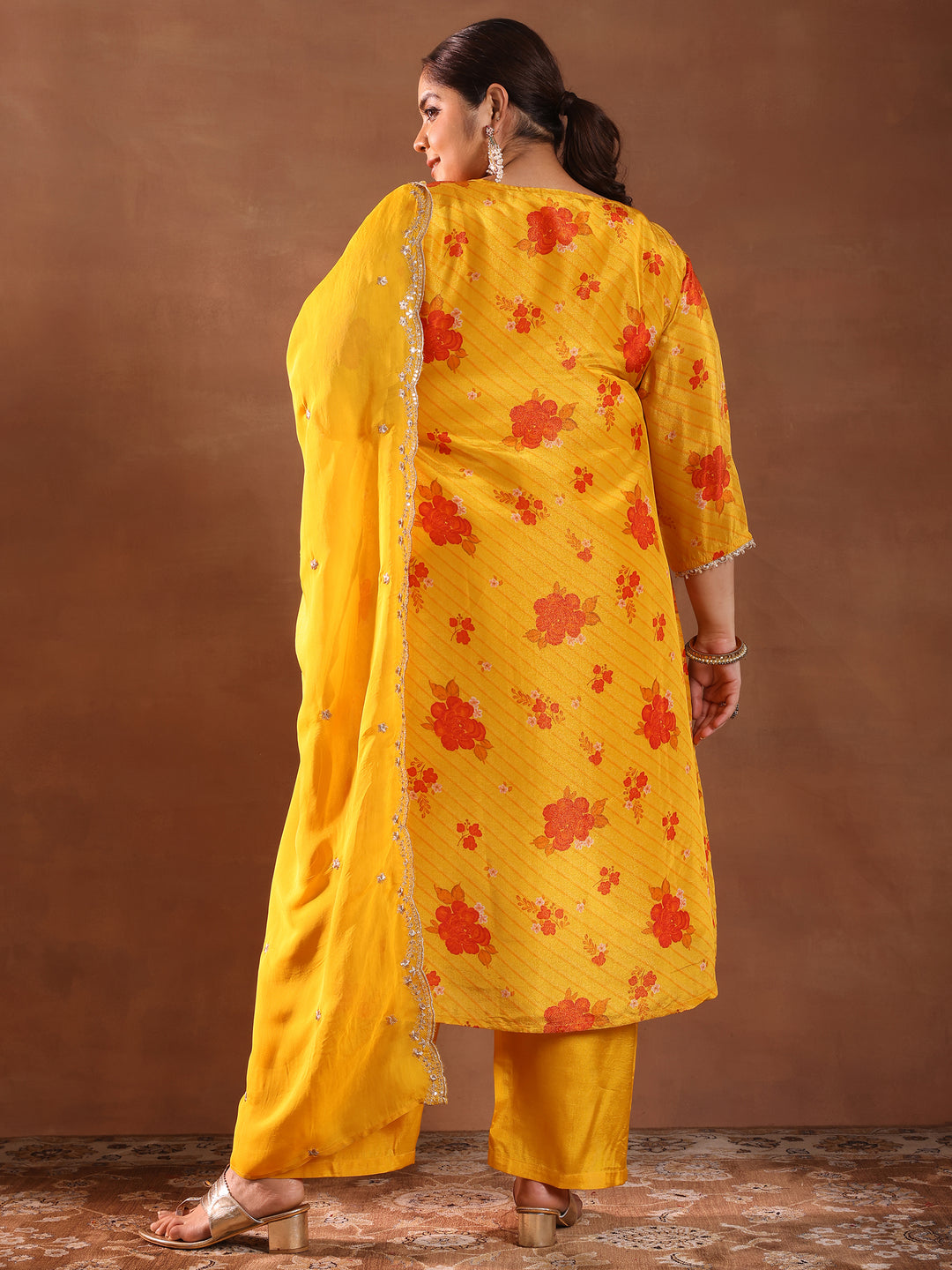  Plus Size Mustard Printed Silk Blend Straight Suit With Dupatta 