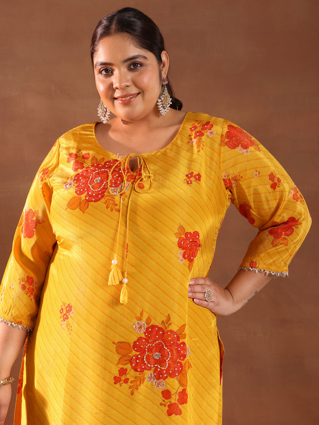  Plus Size Mustard Printed Silk Blend Straight Suit With Dupatta 