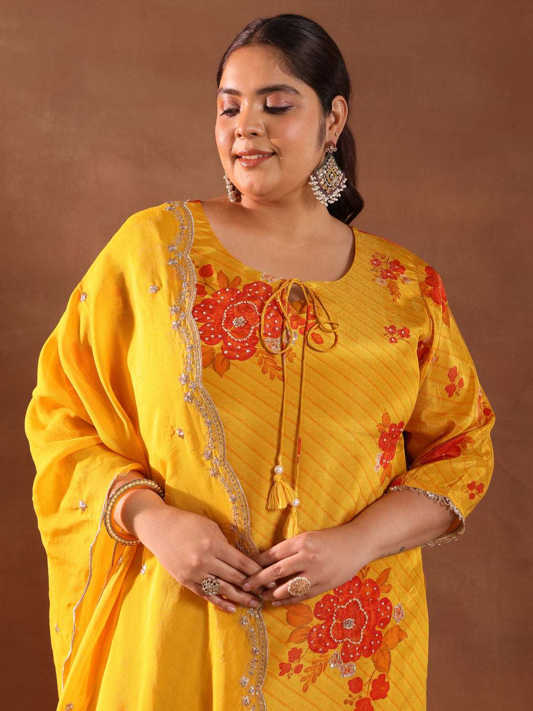  Plus Size Mustard Printed Silk Blend Straight Suit With Dupatta 