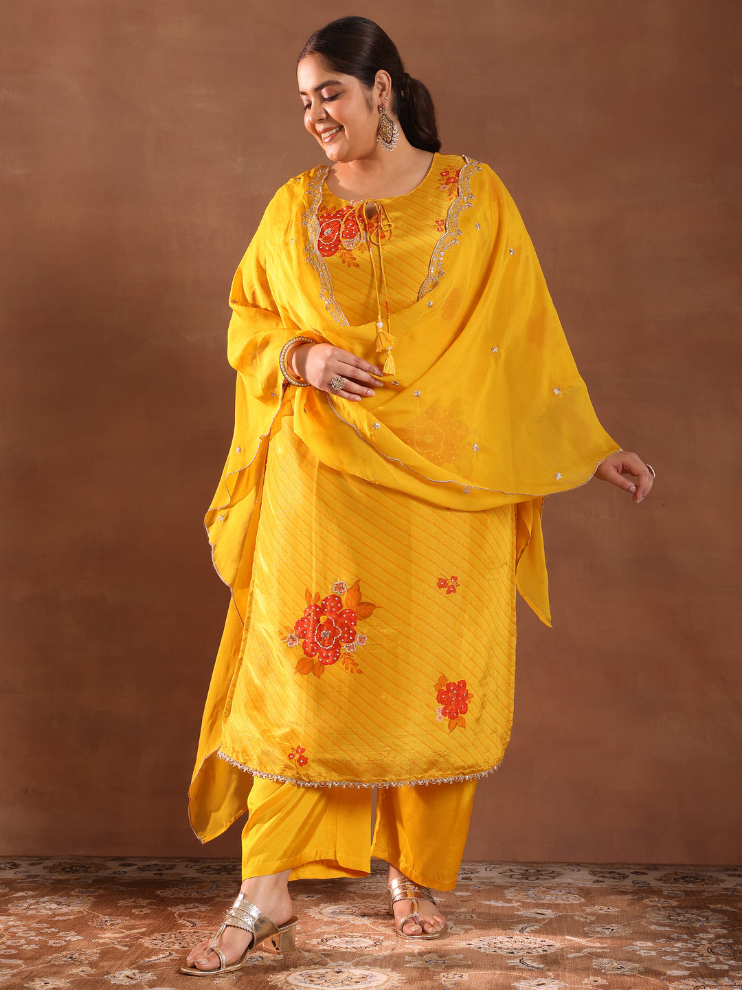  Plus Size Mustard Printed Silk Blend Straight Suit With Dupatta 