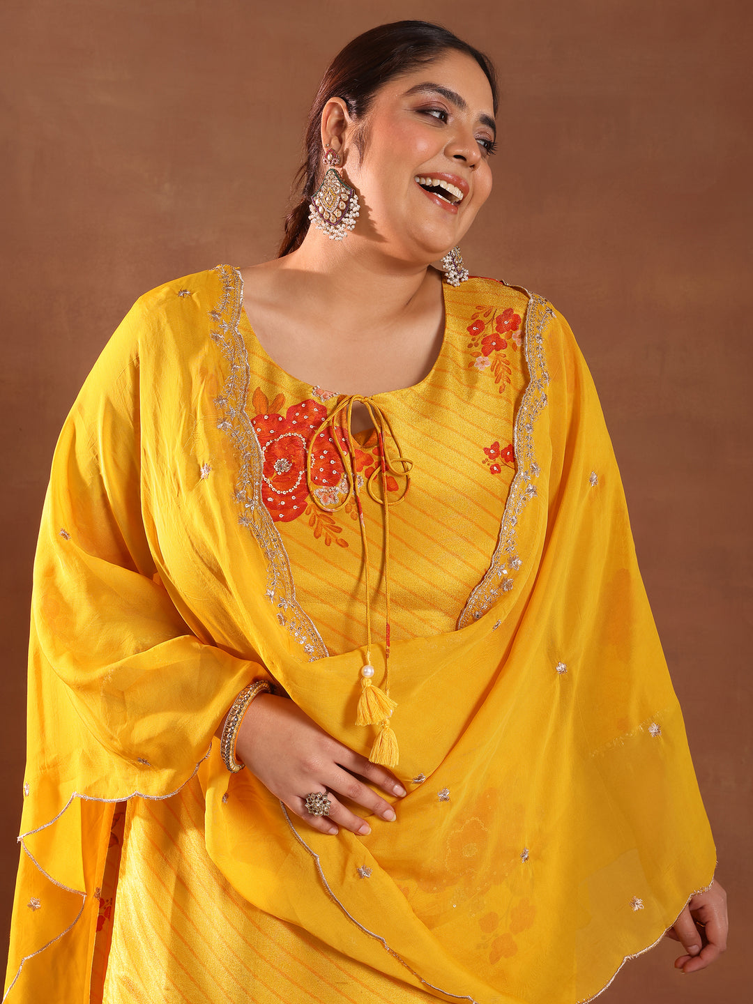  Plus Size Mustard Printed Silk Blend Straight Suit With Dupatta 