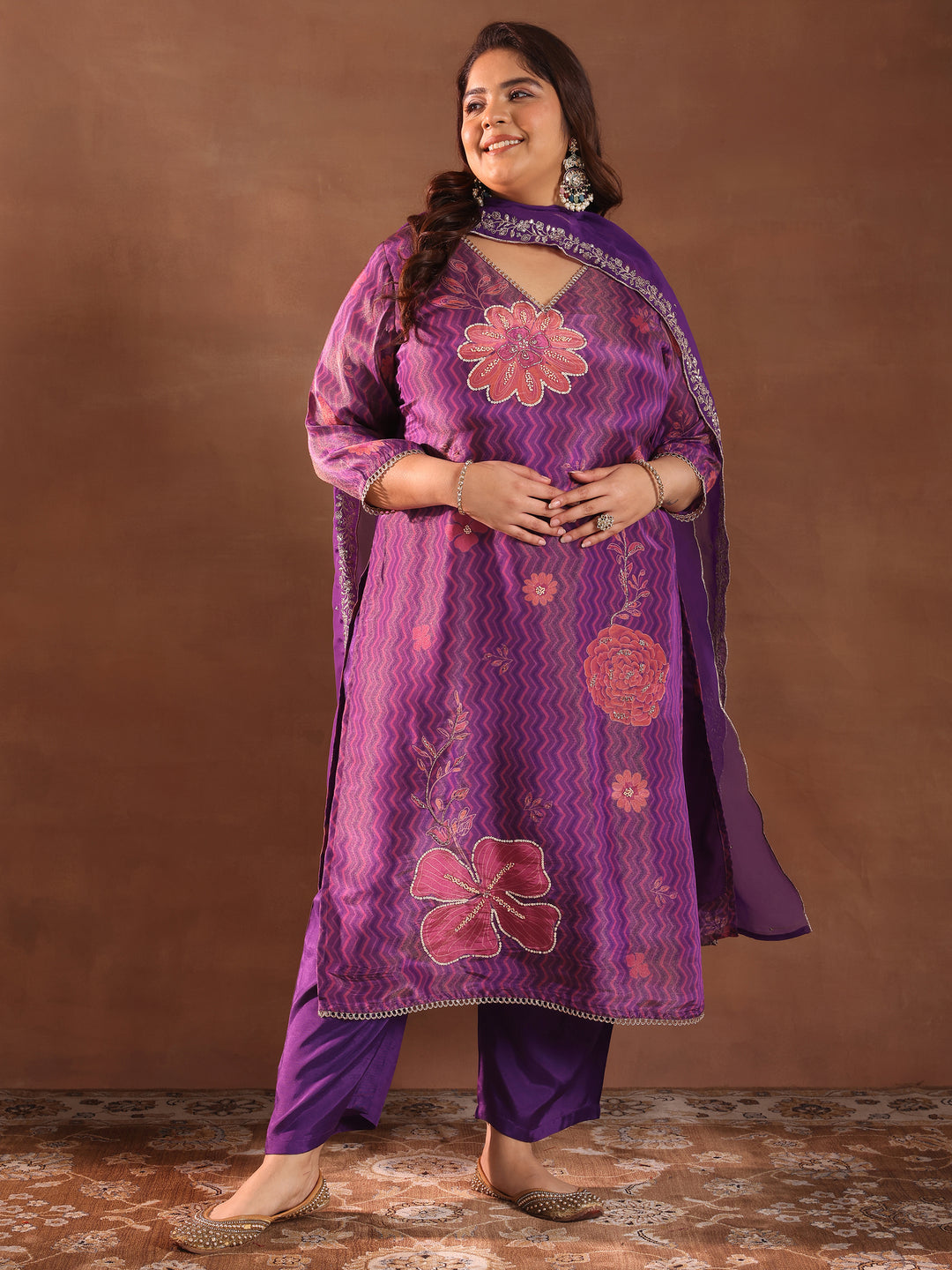  Plus Size Purple Printed Silk Blend Straight Suit With Dupatta 