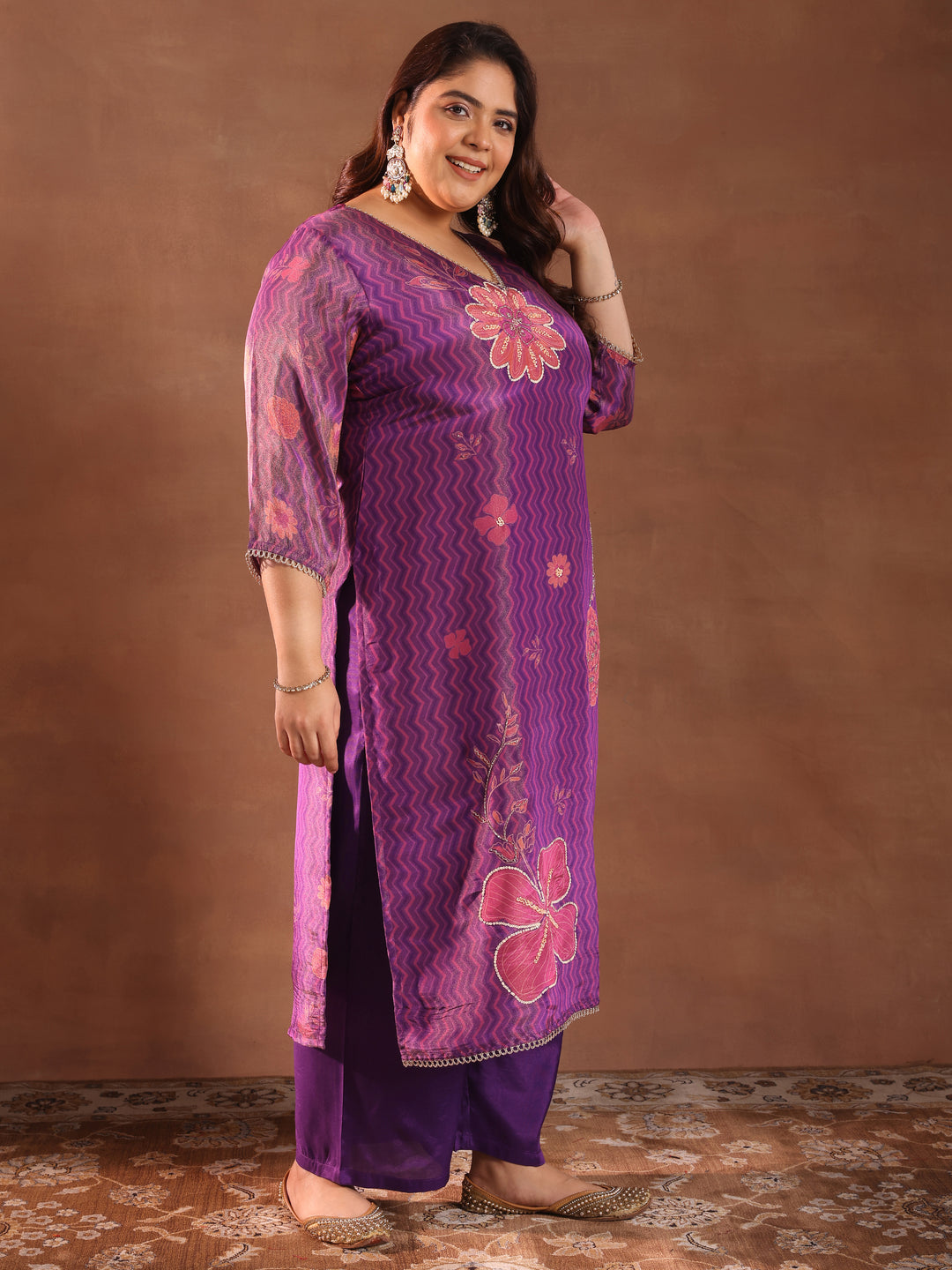  Plus Size Purple Printed Silk Blend Straight Suit With Dupatta 