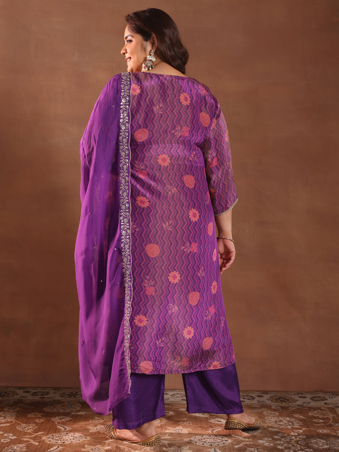  Plus Size Purple Printed Silk Blend Straight Suit With Dupatta 