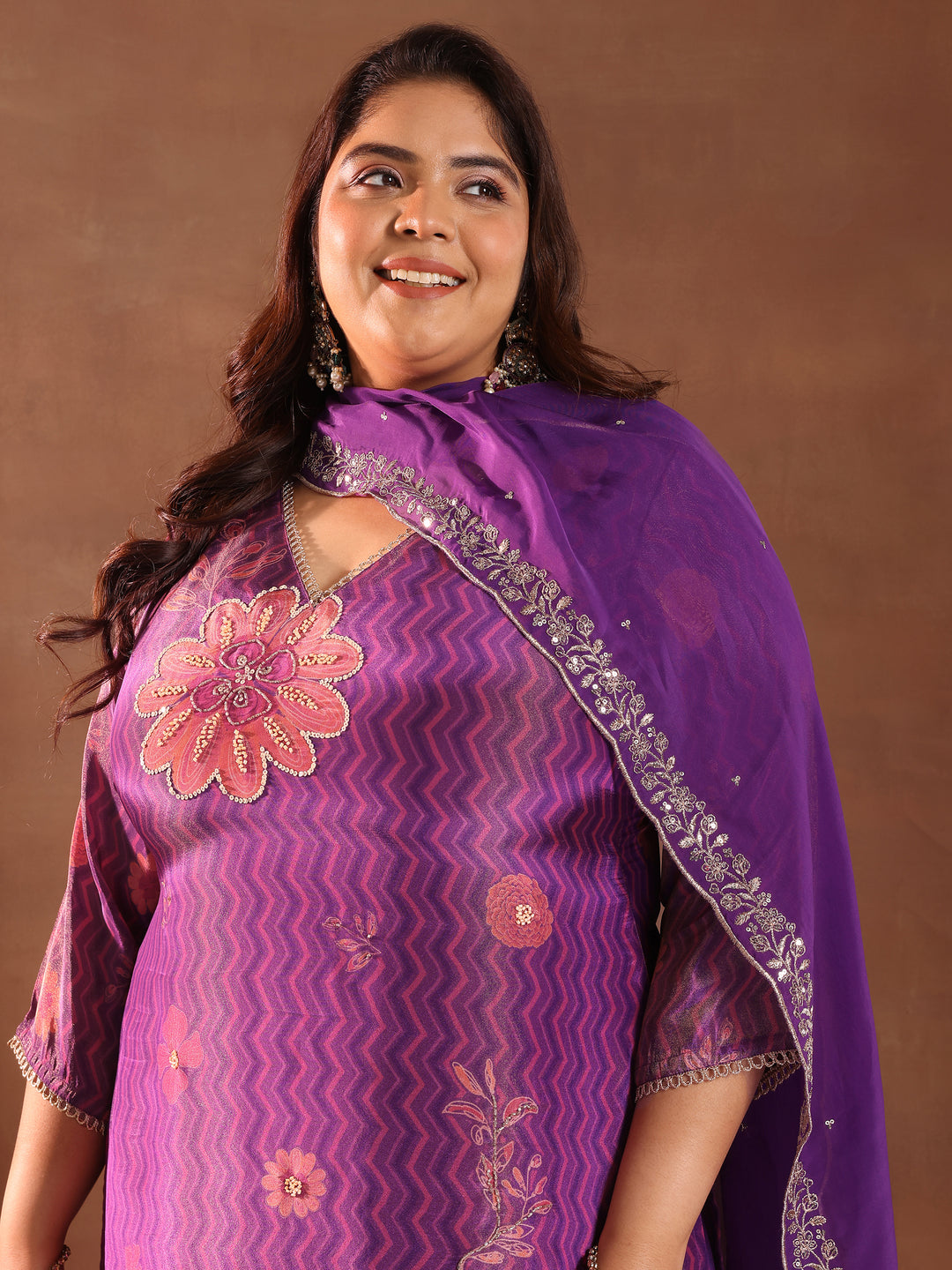  Plus Size Purple Printed Silk Blend Straight Suit With Dupatta 