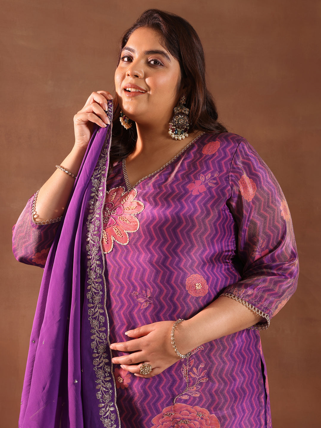  Plus Size Purple Printed Silk Blend Straight Suit With Dupatta 