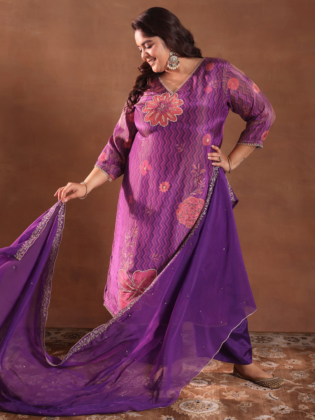  Plus Size Purple Printed Silk Blend Straight Suit With Dupatta 