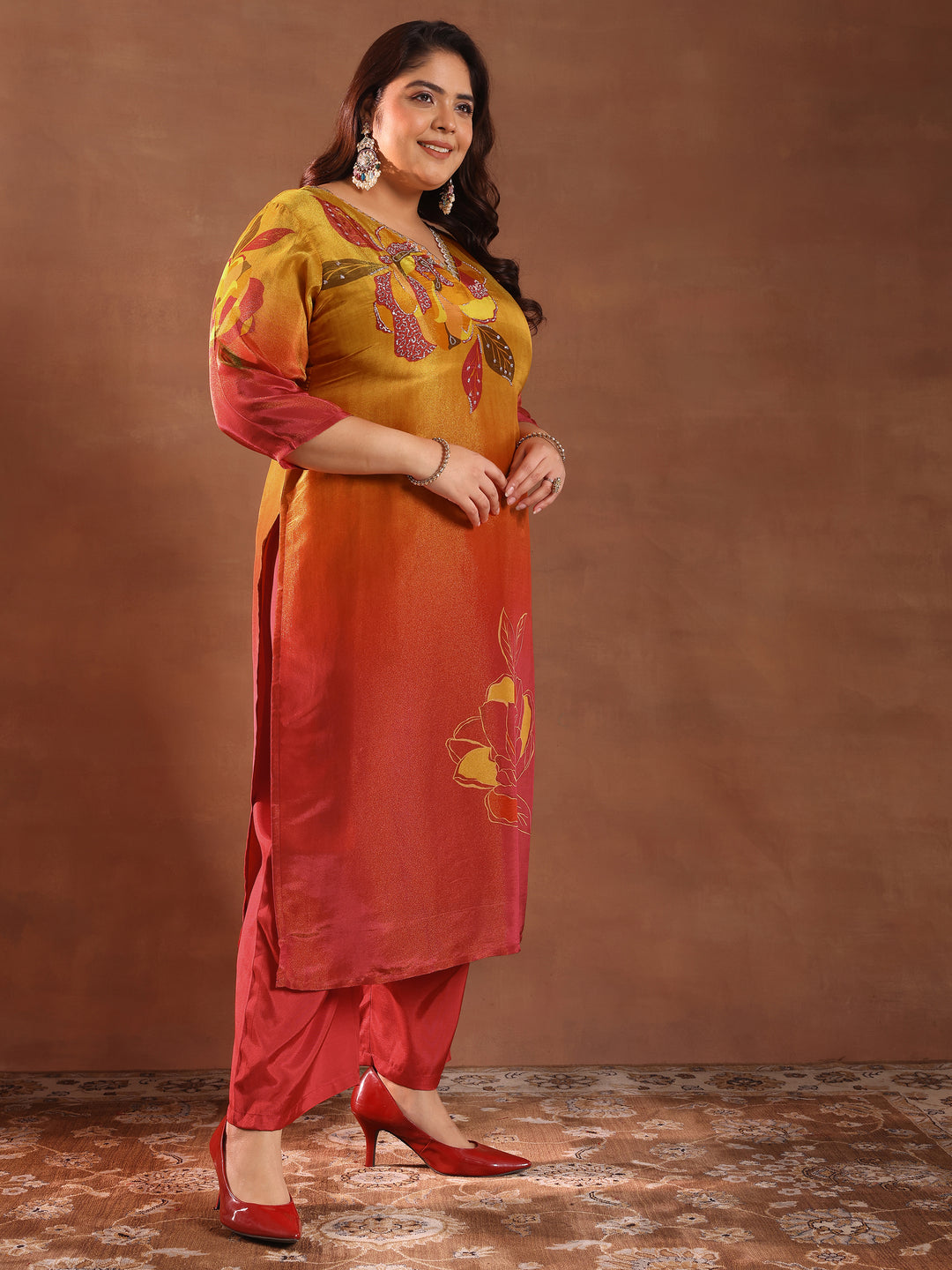  Plus Size Orange Printed Silk Blend Straight Suit With Dupatta 