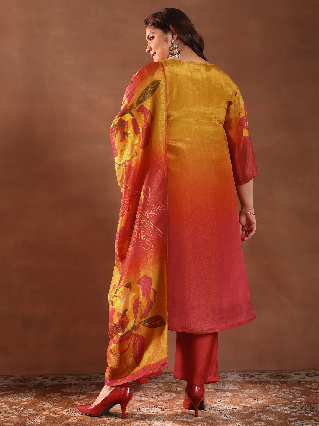  Plus Size Orange Printed Silk Blend Straight Suit With Dupatta 