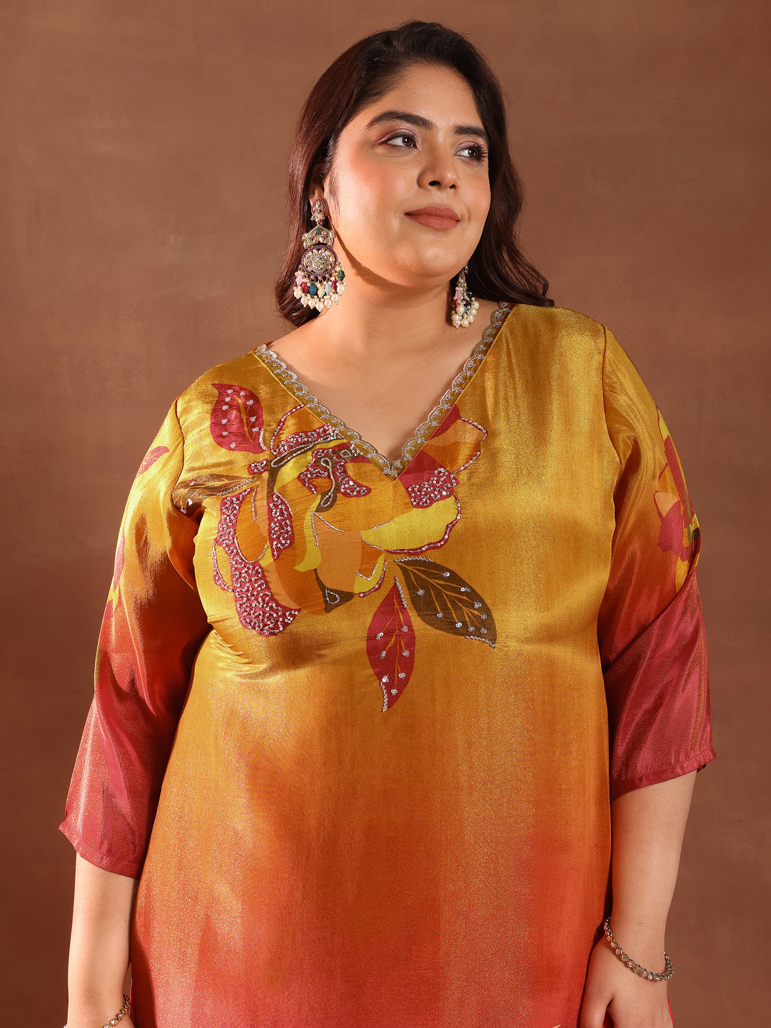  Plus Size Orange Printed Silk Blend Straight Suit With Dupatta 