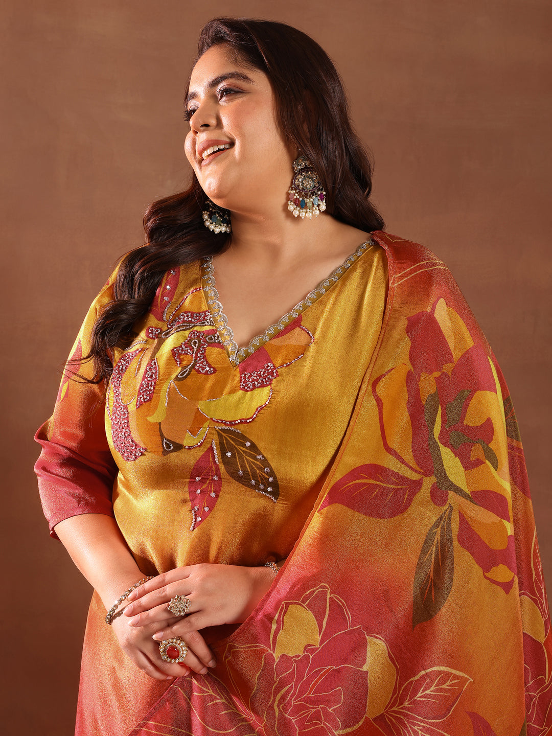  Plus Size Orange Printed Silk Blend Straight Suit With Dupatta 