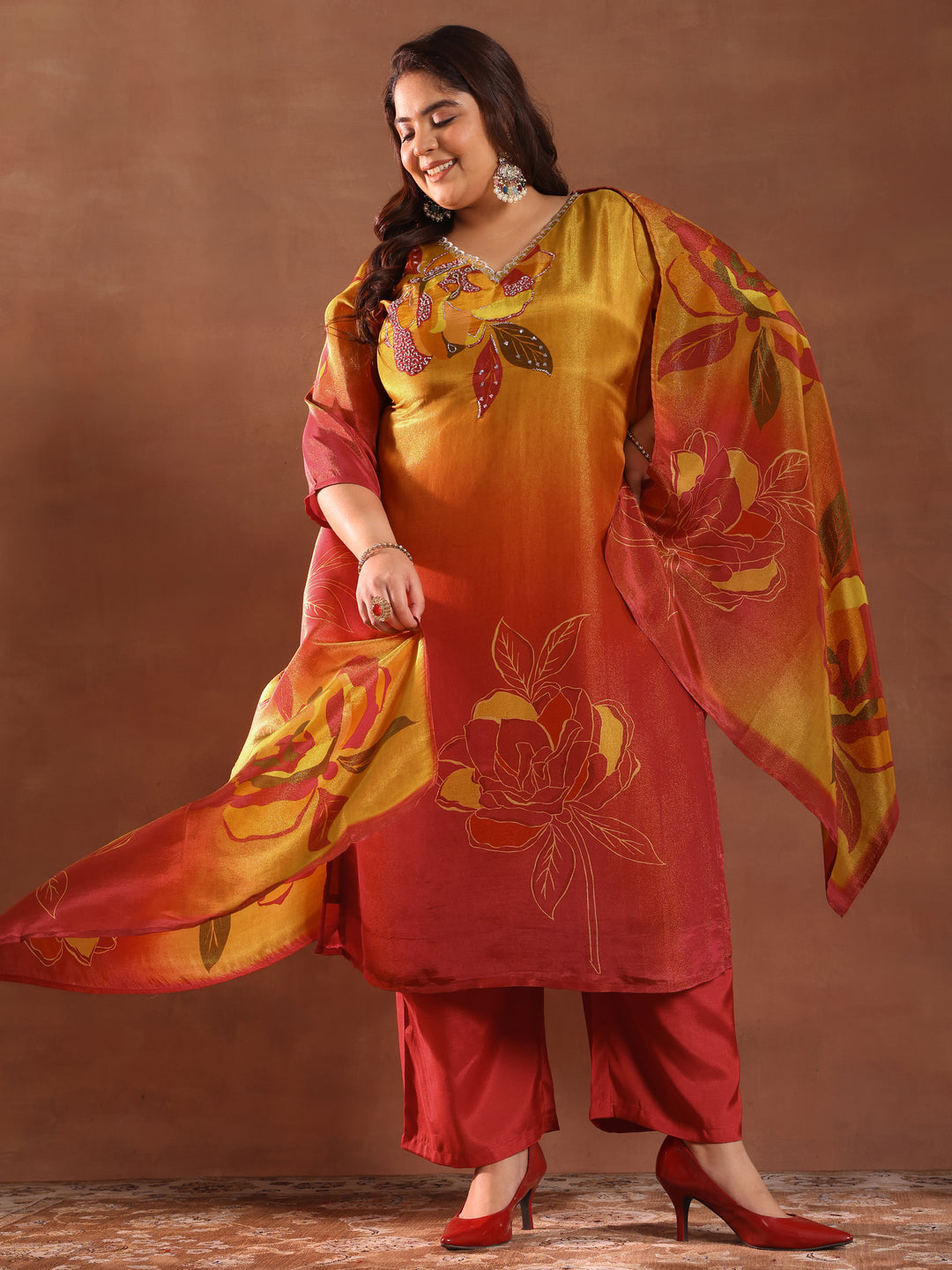  Plus Size Orange Printed Silk Blend Straight Suit With Dupatta 