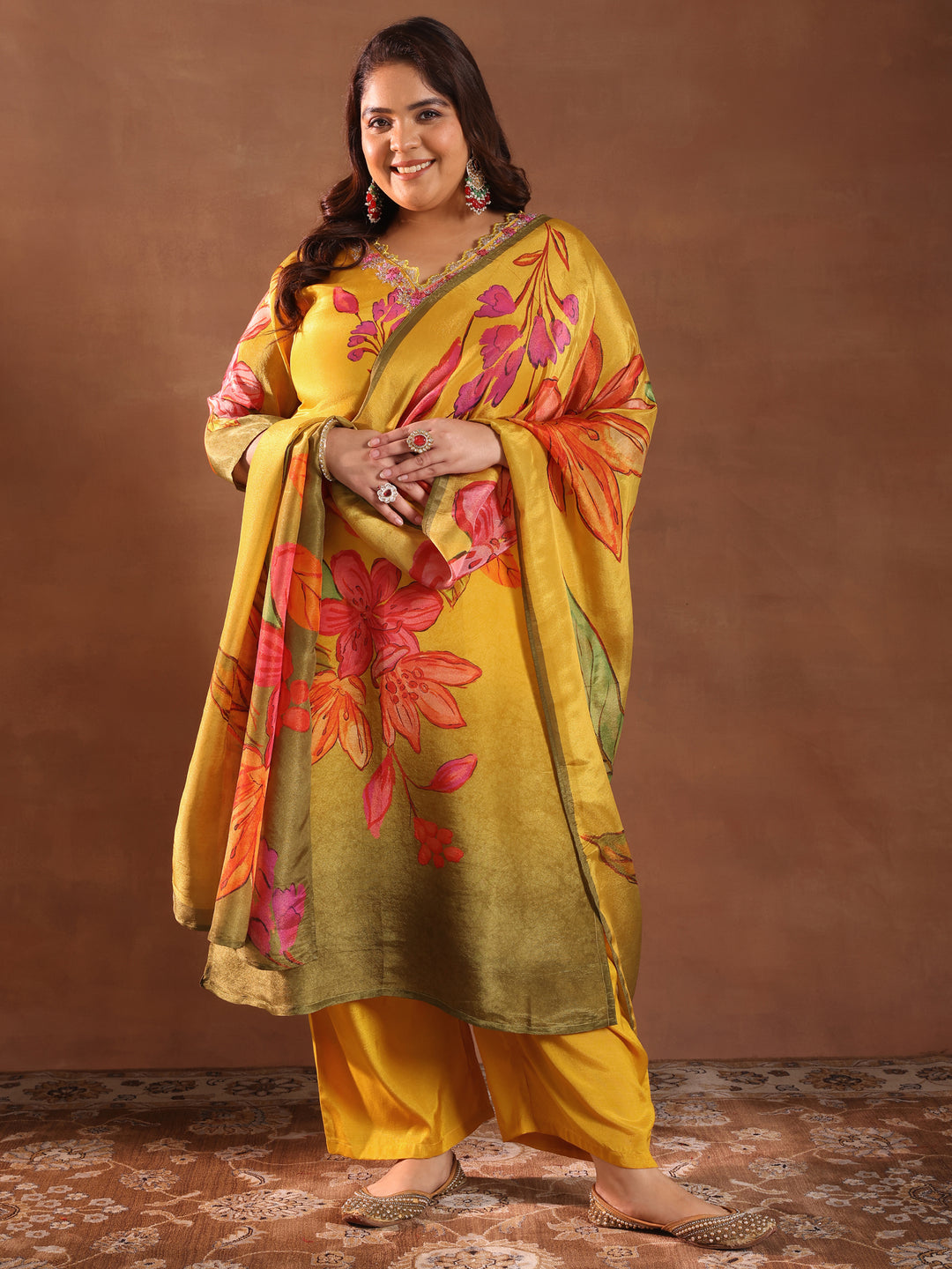  Plus Size Mustard Printed Silk Blend Straight Suit With Dupatta 