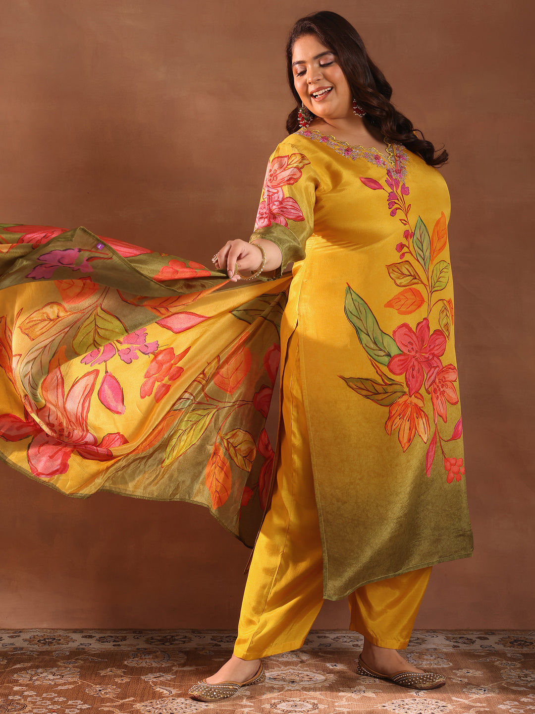 Plus Size Mustard Printed Silk Blend Straight Suit With Dupatta