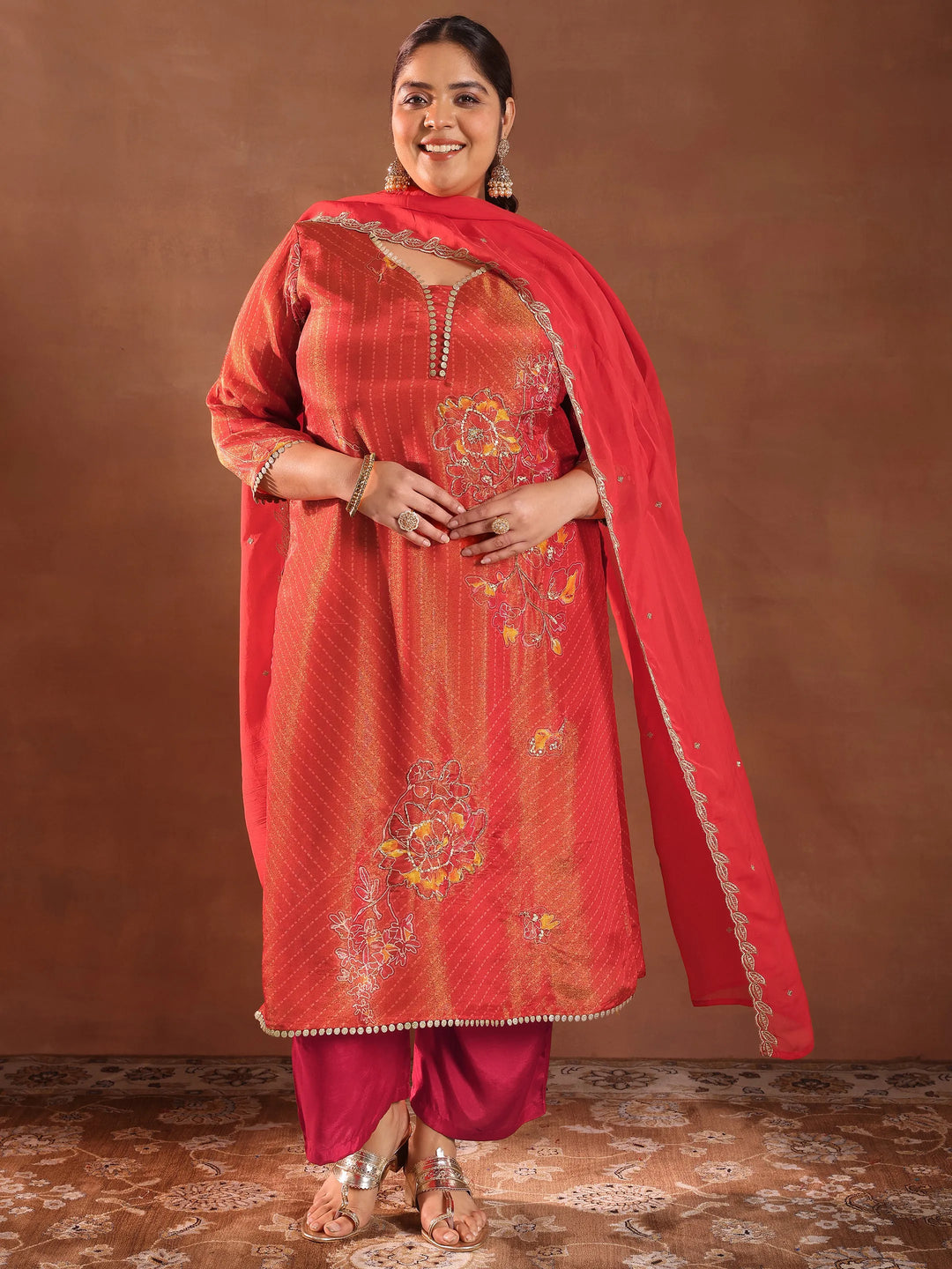  Plus Size Red Printed Silk Blend Straight Suit With Dupatta 