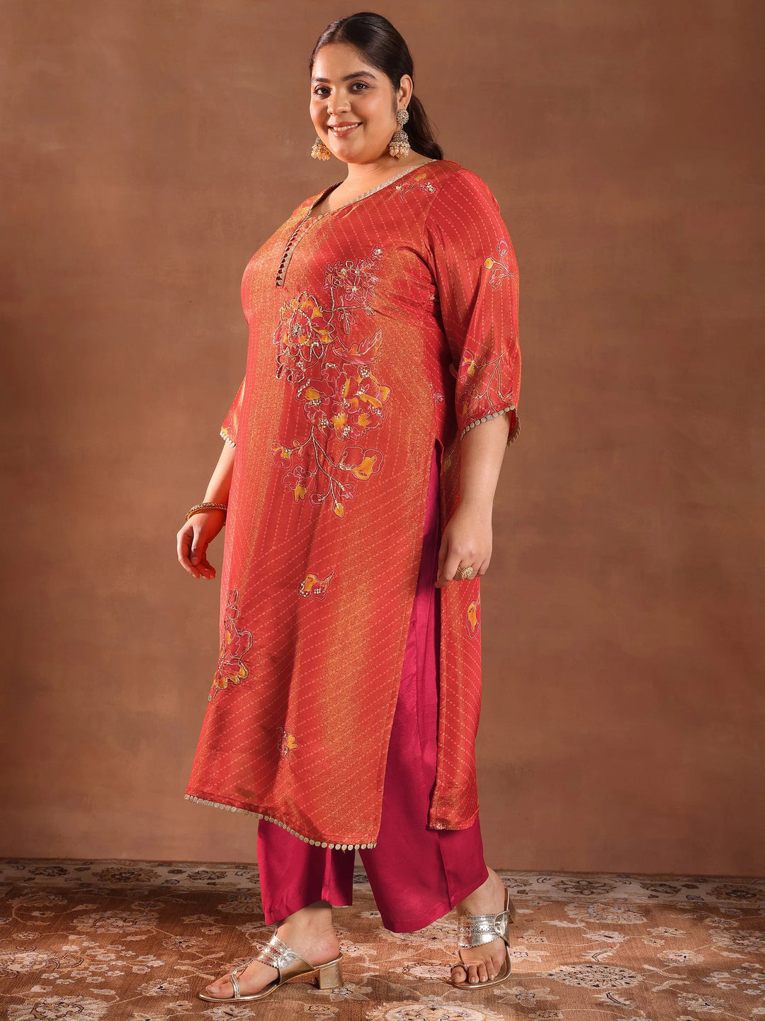  Plus Size Red Printed Silk Blend Straight Suit With Dupatta 