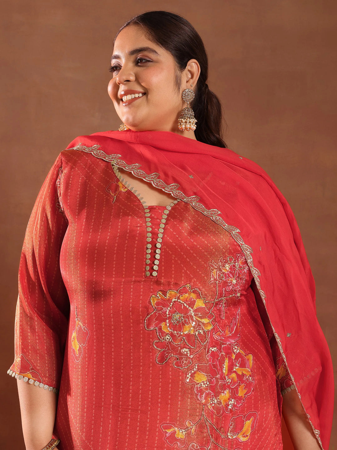  Plus Size Red Printed Silk Blend Straight Suit With Dupatta 