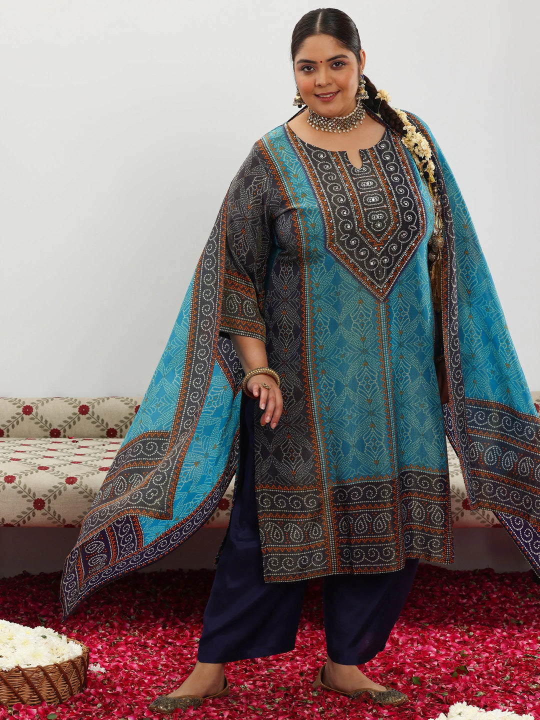  Plus Size Blue Printed Silk Blend Straight Suit With Dupatta 