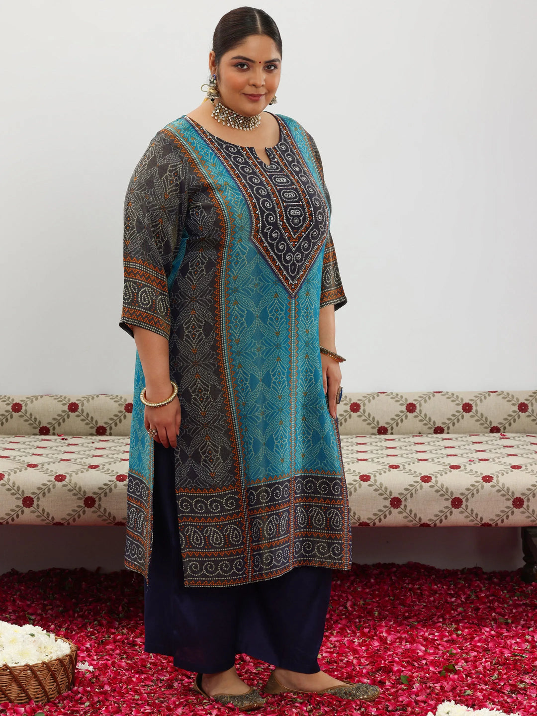  Plus Size Blue Printed Silk Blend Straight Suit With Dupatta 