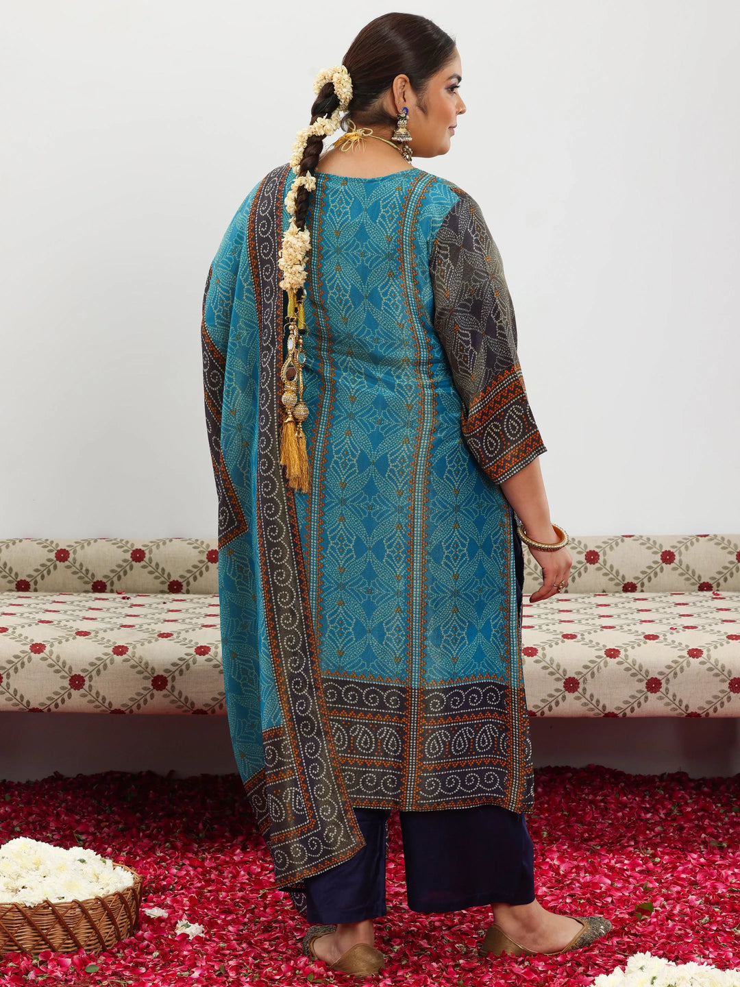  Plus Size Blue Printed Silk Blend Straight Suit With Dupatta 