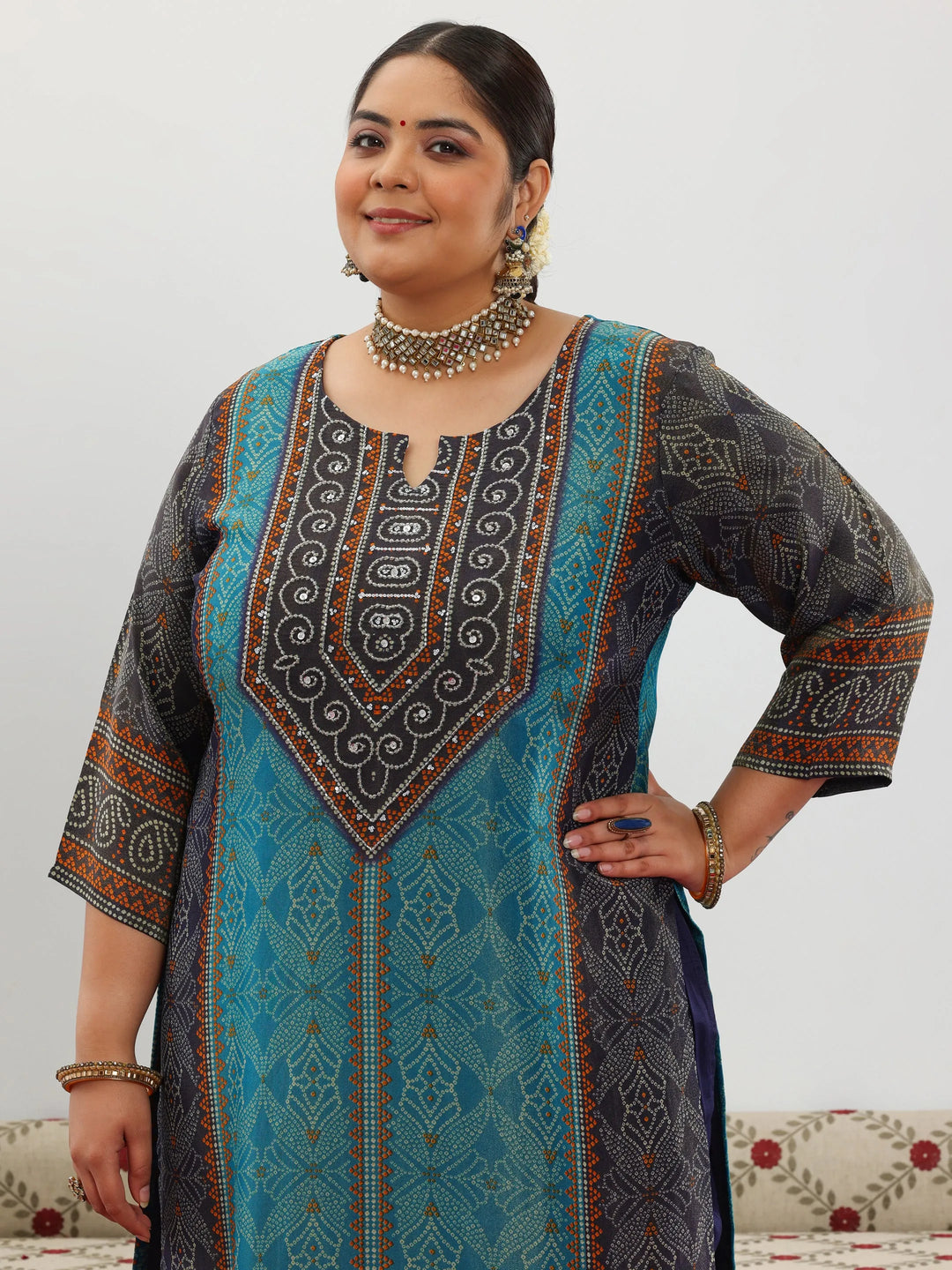  Plus Size Blue Printed Silk Blend Straight Suit With Dupatta 