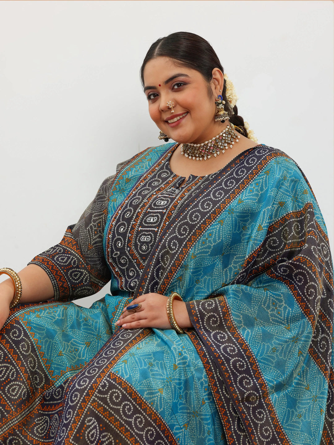  Plus Size Blue Printed Silk Blend Straight Suit With Dupatta 