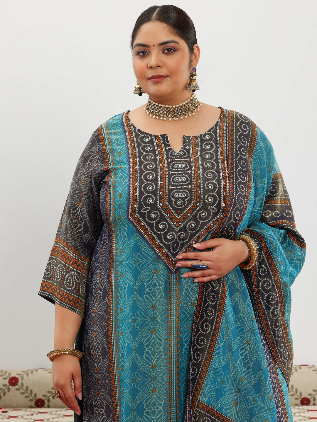  Plus Size Blue Printed Silk Blend Straight Suit With Dupatta 