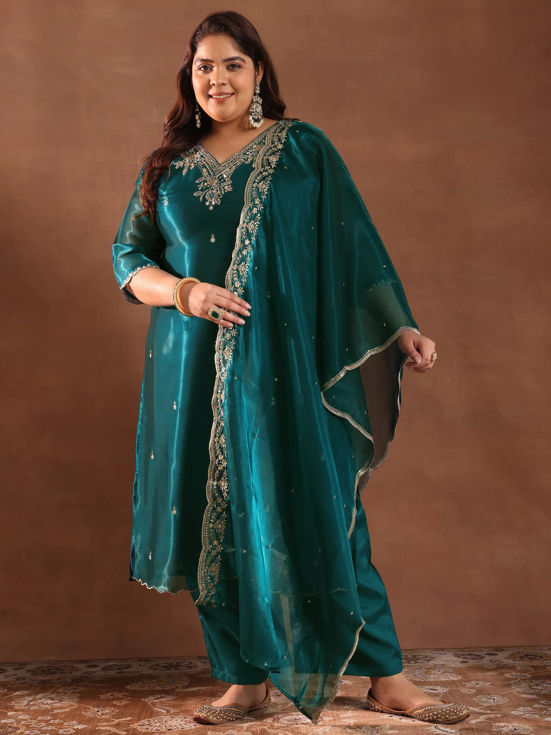 Plus Size Teal Yoke Design Tissue Straight Suit With Dupatta