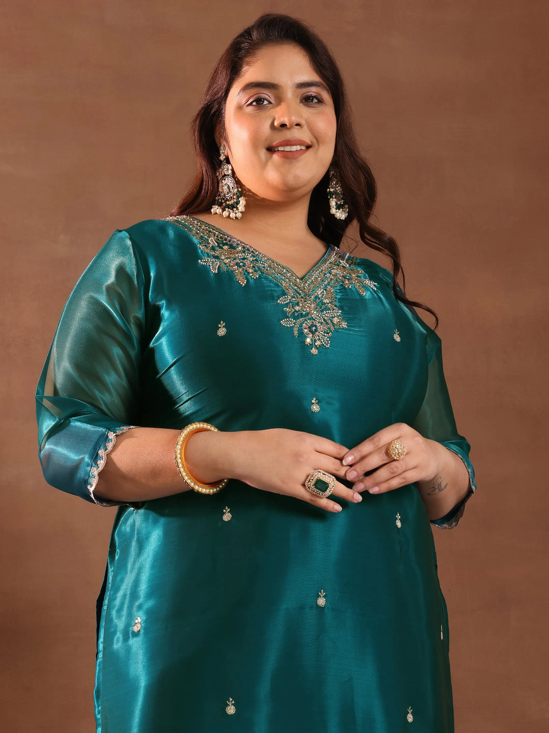  Plus Size Teal Yoke Design Tissue Straight Suit With Dupatta 