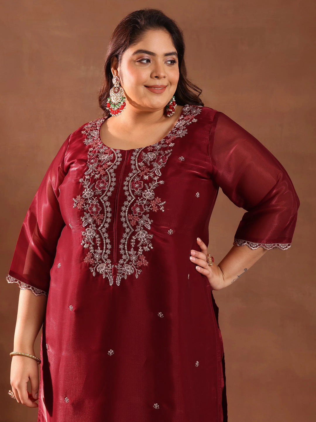  Plus Size Maroon Yoke Design Tissue Straight Suit With Dupatta 