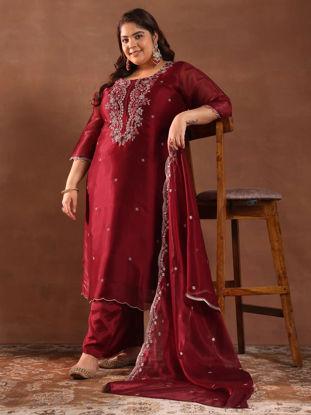  Plus Size Maroon Yoke Design Tissue Straight Suit With Dupatta 