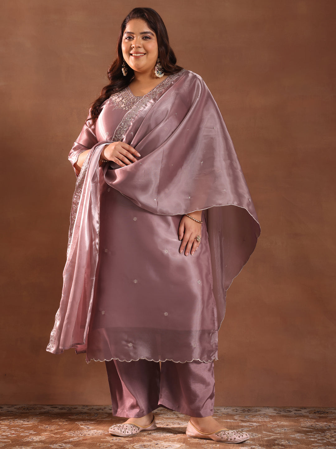 Plus Size Mauve Yoke Design Tissue Straight Suit With Dupatta