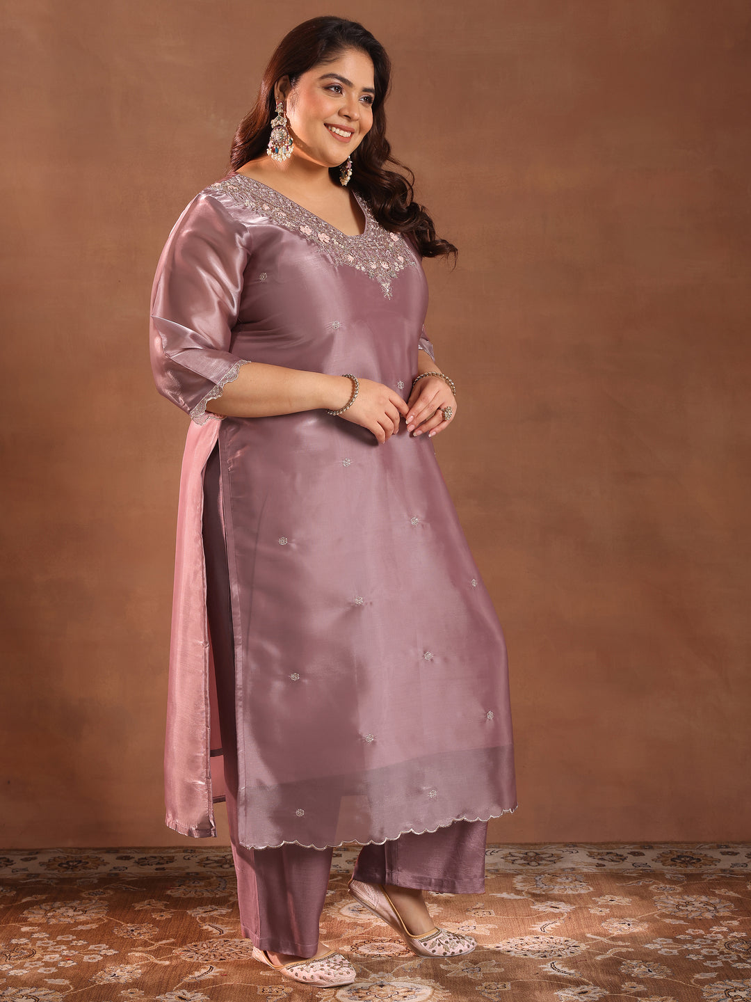  Plus Size Mauve Yoke Design Tissue Straight Suit With Dupatta 