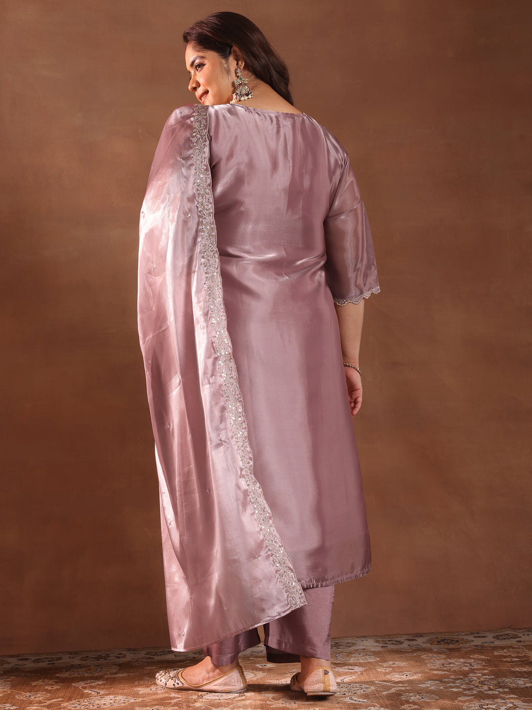  Plus Size Mauve Yoke Design Tissue Straight Suit With Dupatta 