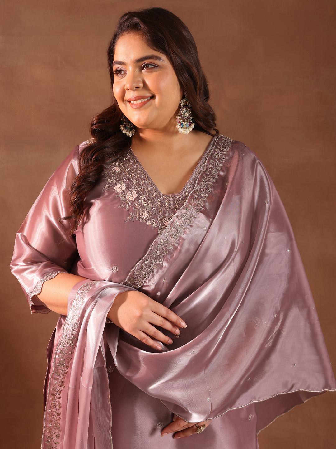  Plus Size Mauve Yoke Design Tissue Straight Suit With Dupatta 